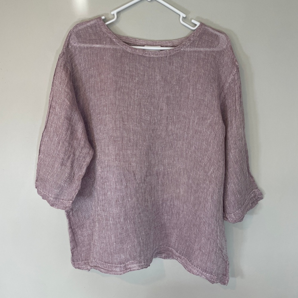 Pure Jill J. Jill Women Large Mauve Striped Linen Gauze Knit Boxy 3/4 Sleeve Top